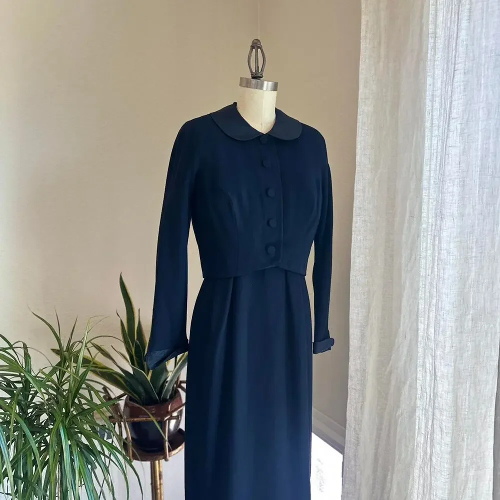 Women’s Small Dress Set Navy Blue Wool Vintage 2-Piece Set, 60s Mod